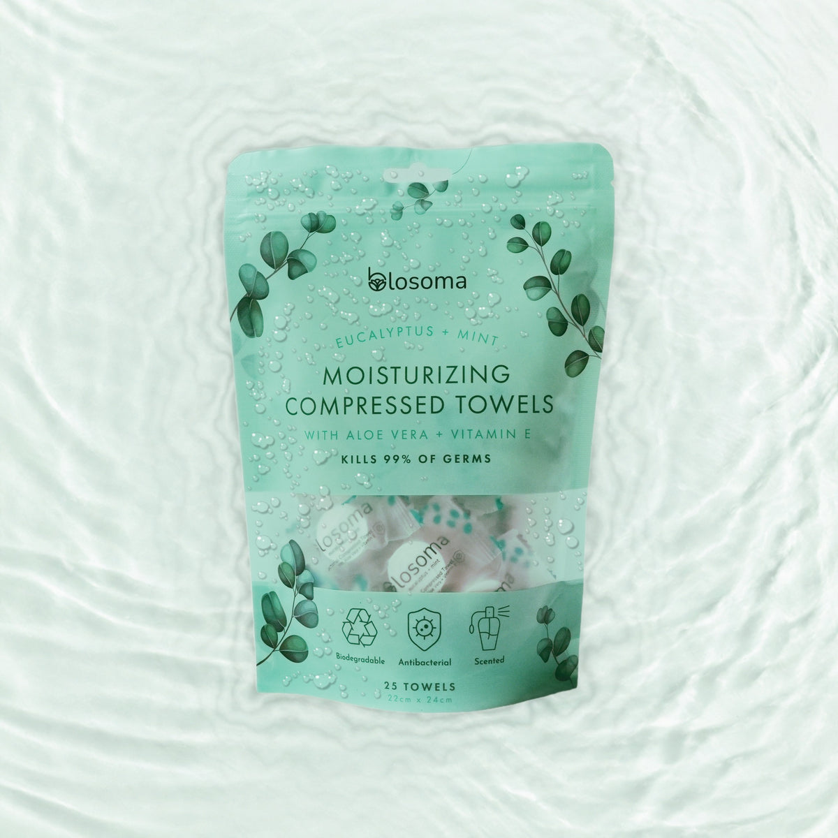 Eucalyptus + mint antibacterial pouch resting in water