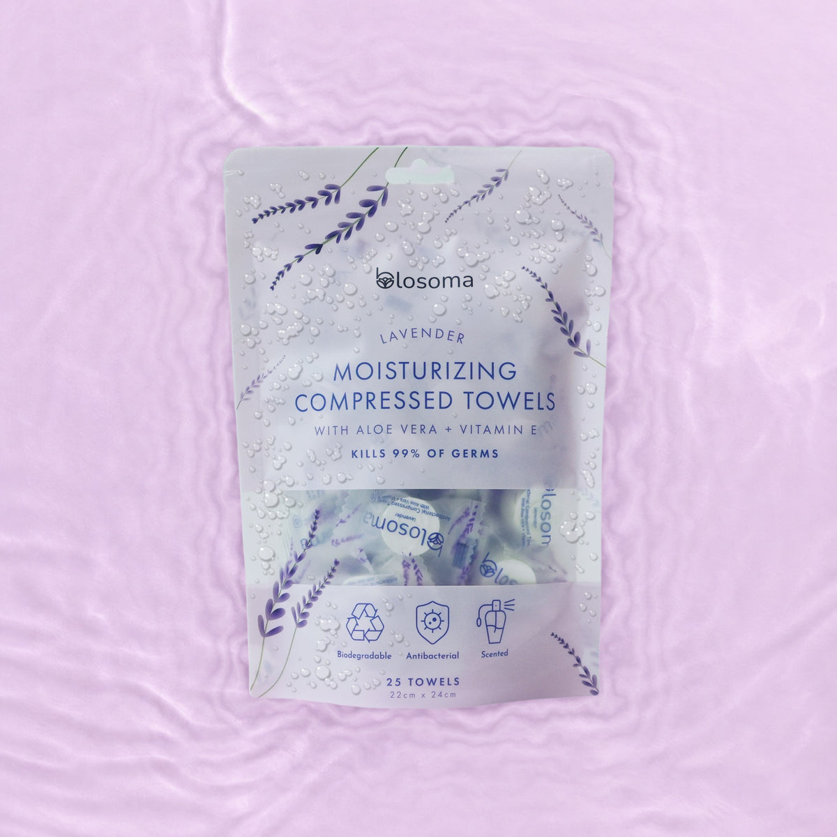 Lavender antibacterial pouch resting in water