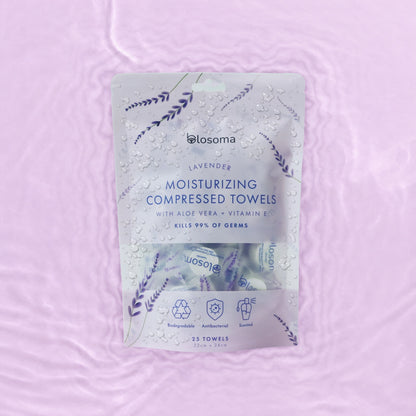 Lavender antibacterial pouch resting in water