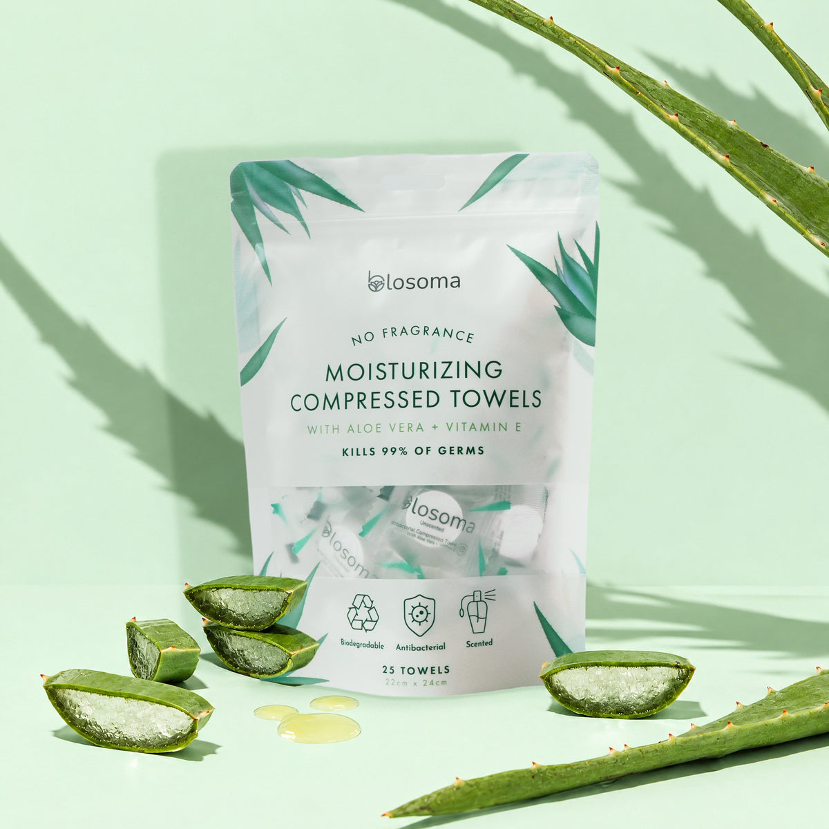 Blosoma antibacterial no fragrance compressed towels pouch with fresh aloe vera