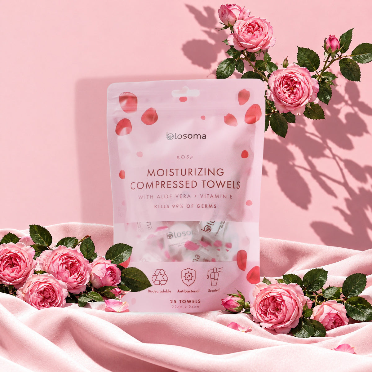 Blosoma antibacterial rose compressed towels pouch with pink garden roses