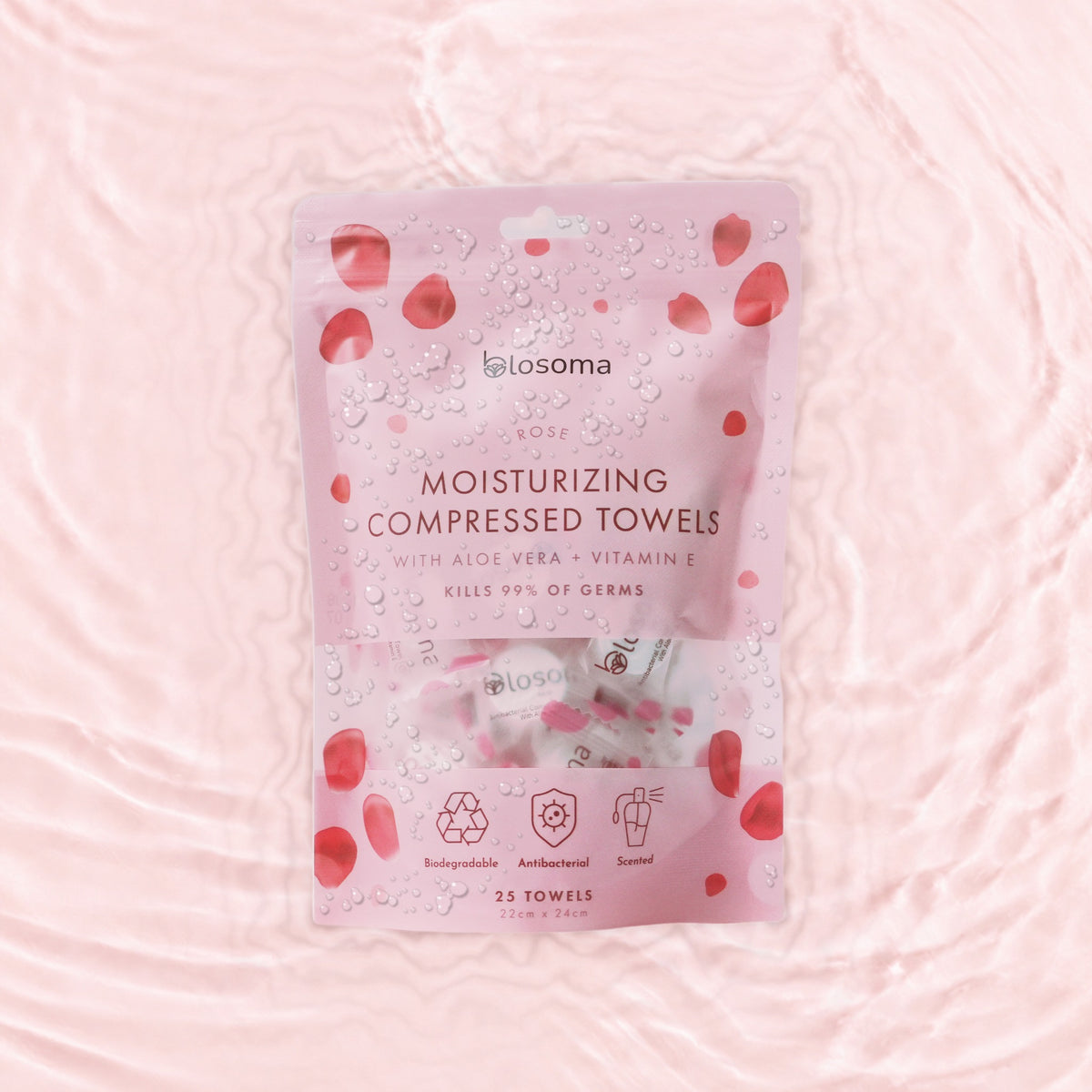 Rose antibacterial pouch resting in water